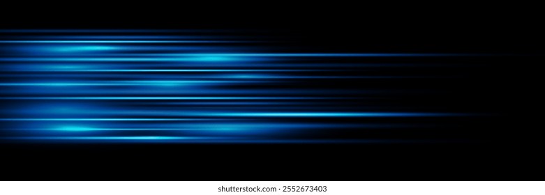 Blue laser beams. Abstract light effect. Blue lens flares up. Rays glowing on dark background with speed of light, vector illustration.