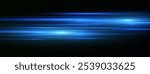 Blue laser beams isolated on black background. Abstract light effect. Blue lens flash. Horizontal rays glowing in the dark. Speed ​​vector illustration, road.