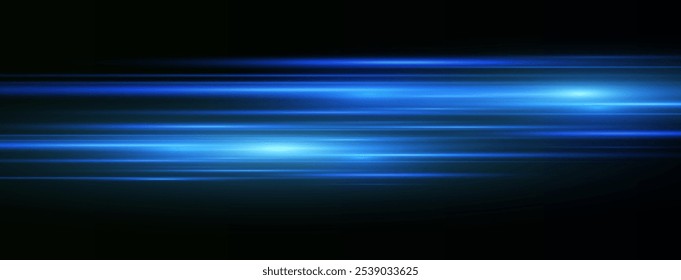 Blue laser beams isolated on black background. Abstract light effect. Blue lens flash. Horizontal rays glowing in the dark. Speed ​​vector illustration, road.