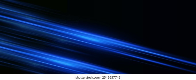 Blue laser beams isolated on black background. Abstract light effect. Blue lens flash. Horizontal rays glowing in the dark. Speed ​​vector illustration, road.