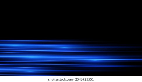 Blue laser beams isolated on black background. Abstract light effect. Blue lens flash. Horizontal rays glowing in the dark. Speed ​​vector illustration, road.
