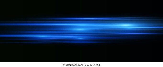 Blue laser beams isolated on black background. Abstract light effect. Blue lens flash. Horizontal rays glowing in the dark. Speed ​​vector illustration. road.