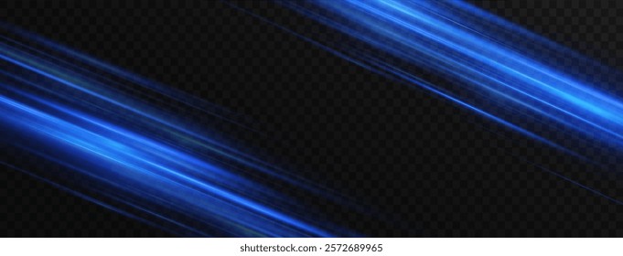 Blue laser beams isolated on black background. Abstract light effect. Blue lens flash. Horizontal rays glowing in the dark. Speed ​​vector illustration. road.