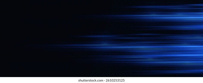 Blue laser beams isolated on black background. Abstract light effect. Blue lens flash. Horizontal rays glowing in the dark. Speed ​​vector illustration. road.	