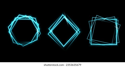 Blue laser glowing frames isolated on black background.  Neon hexagon, rhombus, square.  Abstract vector illustration.