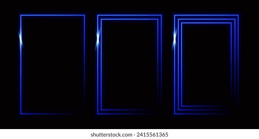 Blue laser glowing rectangular frame isolated on black background. neon rectangles. Abstract vector illustration.