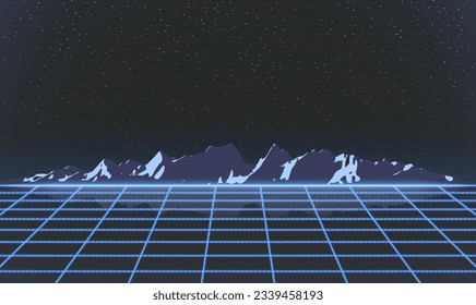 Blue Laser Grid and Mountain Ridge Silhouette in Deep Space. Retro Futuristic Template in 80s Style. Synthwave, Retrowave, Vaporwave Theme