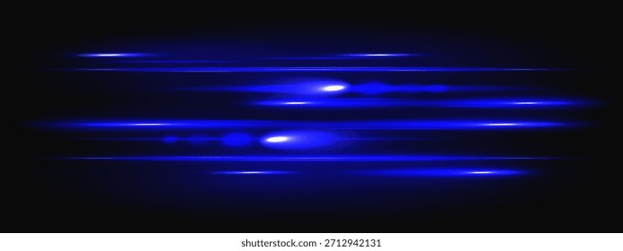 Luz láser azul con destello de haz y raya Horizontal de neón para la ilustración de tecnología. Línea brillante con efecto de velocidad de brillo digital en superposición de espacio oscuro. Tira led de movimiento de Vector Abstractas.