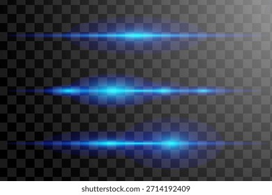 Blaue Laserlichtstrahlen gesetzt. Horizontale Linsenfackeln einzeln auf dunklem, transparentem Hintergrund. Neonglüheffekte