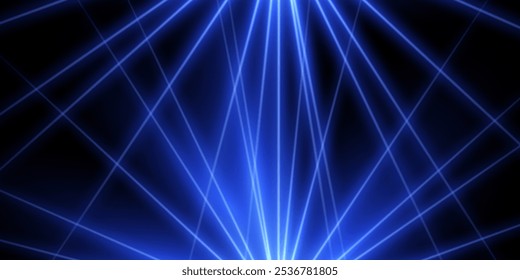 Blue laser lights background. Color neon laser crossed beams isolated on black. Nightclub, disco, dance club, show, concert stage with illumination. Abstract futuristic vector illustration.