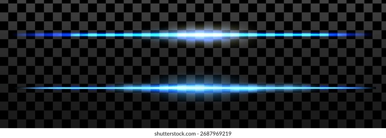 Rayos de línea láser azul sobre fondo oscuro. Luz de neón azul rayo Horizontal