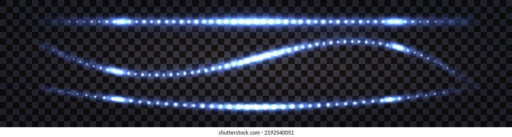 Blue laser neon beams, glowing light effect. Electric impulse, shiny sparks, ray  line, thunder bolt streaks,  isolated luminos border; on dark transparent background. Vector illustration