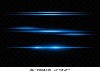 Blue laser set icon. Horizontal glowing blue streaks with smooth gradients, creating futuristic light effects on a dark background. Ideal for sci-fi, tech, or abstract designs.