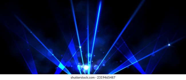 Blue laser show light beam effect for disco party vector background. Nightclub abstract bright ray with smoke, sparkle, blink and glow border. Entertainment arena festival or concert lighten texture