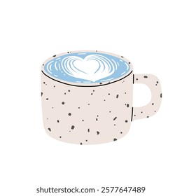 Blue latte and tea. Butterfly pea drinks. Ceramic cup on saucer, glass double wall cup. Blue tea drink with milk foam. Blue iced matcha latte in various cups. Vector Illustration, flat cartoon Icons.