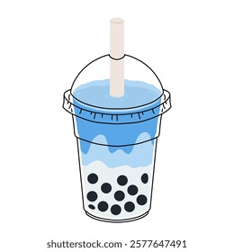 Blue latte and tea. Butterfly pea drinks. Ceramic cup on saucer, glass double wall cup. Blue tea drink with milk foam. Blue iced matcha latte in various cups. Vector Illustration, flat cartoon Icons.