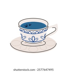 Blue latte and tea. Butterfly pea drinks. Ceramic cup on saucer, glass double wall cup. Blue tea drink with milk foam. Blue iced matcha latte in various cups. Vector Illustration, flat cartoon Icons.