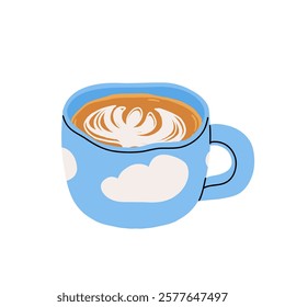 Blue latte and tea. Butterfly pea drinks. Ceramic cup on saucer, glass double wall cup. Blue tea drink with milk foam. Blue iced matcha latte in various cups. Vector Illustration, flat cartoon Icons.