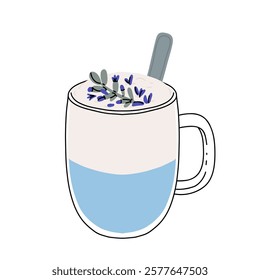 Blue latte and tea. Butterfly pea drinks. Ceramic cup on saucer, glass double wall cup. Blue tea drink with milk foam. Blue iced matcha latte in various cups. Vector Illustration, flat cartoon Icons.