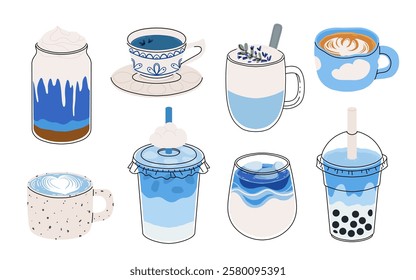 Blue latte and tea. Butterfly pea drinks. Ceramic cup on saucer, glass double wall cup. Blue tea drink with milk foam. Blue iced matcha latte in various cups. Vector Illustration, flat cartoon Icons.