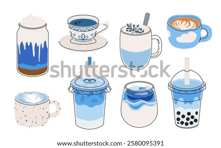 Blue latte and tea. Butterfly pea drinks. Ceramic cup on saucer, glass double wall cup. Blue tea drink with milk foam. Blue iced matcha latte in various cups. Vector Illustration, flat cartoon Icons.