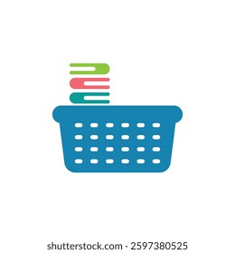 Blue laundry basket with three folded clothes icon