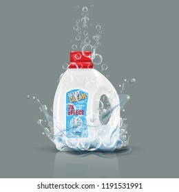 Blue laundry detergent bottle mock up with water splash. Vector illustration.