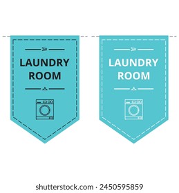 Blue laundry room banner in the shape of pennat with a washing machine icon on it