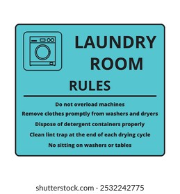 Blue laundry room rules banner with text and the draw of a washing machine icon