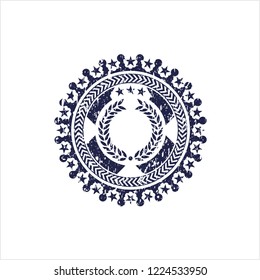 Blue laurel wreath icon inside distressed with rubber seal texture