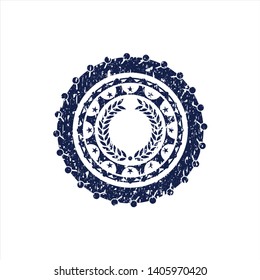Blue laurel wreath icon inside distressed rubber seal