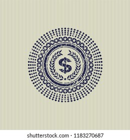 Blue laurel wreath with money symbol inside icon inside distressed grunge stamp