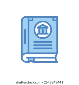 Blaues Gesetzbuch Symbol mit einem Gebäudesymbol auf dem Cover, gewagt flachen Stil.