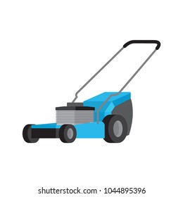 Icono vectorial plano de chapado de césped azul aislado en fondo blanco. Equipamiento motorizado para la ilustración de los jardines y el césped