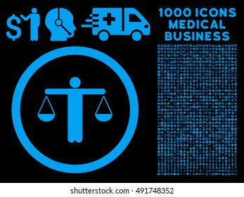 Blue Lawyer vector rounded icon. Image style is a flat icon symbol inside a circle, black background. Bonus clip art contains 1000 medical business pictograms.