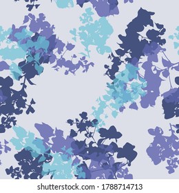 Blue layered floral shadows seamless vector pattern background with overlapping foliage sylhouettes for fabric, wallpaper, stationery, scrapbooking projects or backgrounds. Surface pattern design.