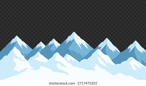 Ilustração de borda de cordilheira de camada azul com picos alpinos nevados e amplo espaço de cópia em fundo transparente