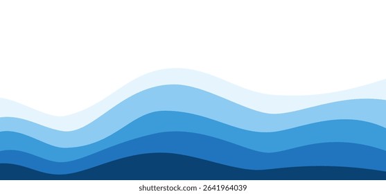 Blue layered ocean or sea waves with various shades effect. Ideal for beach designs template. Water art background for sale banners or summer promotional with smooth flowing wave vector clip pattern.