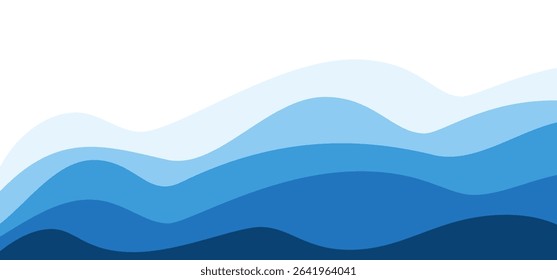 Blue layered ocean or sea waves with various shades effect. Vector water art background for sale banners or summer promotional with smooth flowing wave clip pattern. Ideal for beach designs template.
