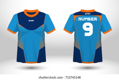 Blue layout football sport t-shirt design. Template front, back view. Soccer kit national team shirt mock up. Vector Illustration.