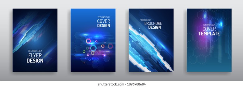 Blue Layout Futuristic Brochures, Flyers, Placards. Contemporary Science And Digital Technology Concept. Vector Template For Brochure Or Cover With Hi-tech Elements Background.