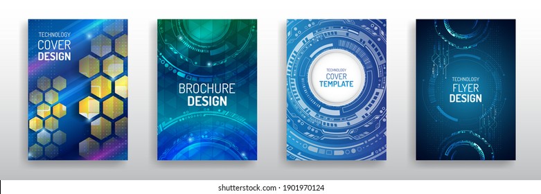 Blue Layout Futuristic Brochures, Flyers, Placards. Contemporary Science And Digital Technology Concept. Vector Template For Brochure Or Cover With Hi-tech Elements Background.