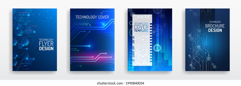 Blue layout futuristic brochures, flyers, placards. Contemporary science and digital technology concept. Vector template for brochure or cover with hi-tech elements background.