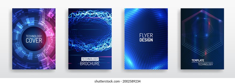 Blue layout futuristic brochures, flyers, placards. Contemporary science and digital technology concept. Vector template for brochure or cover with hi-tech elements background.