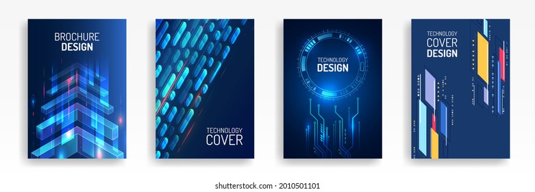 Blue Layout Futuristic Brochures, Flyers, Placards. Contemporary Science And Digital Technology Concept. Vector Template For Brochure Or Cover With Hi-tech Elements Background.