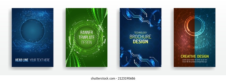 Blue layout futuristic brochures, flyers, placards. Contemporary science and digital technology concept. Vector template for brochure or cover with hi-tech elements background.
