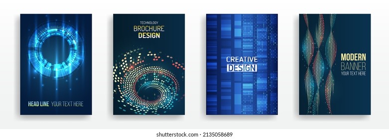 Blue layout futuristic brochures, flyers, placards. Contemporary science and digital technology concept. Vector template for brochure or cover with hi-tech elements background.