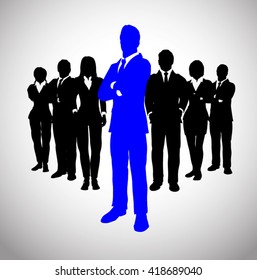 Blue Leader in front of his team of executives. A team of executives led by a great and successful leader who stands in front of them.