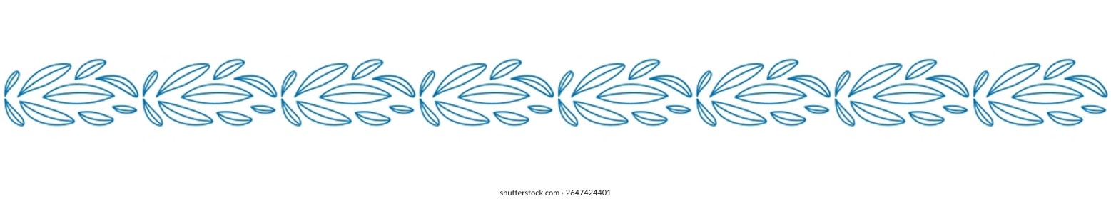 Blue leaf border horizontal line art vector illustration. Repeating simple outline design of elegant botanical foliage. Minimalist natural divider, decorative element, organic frame