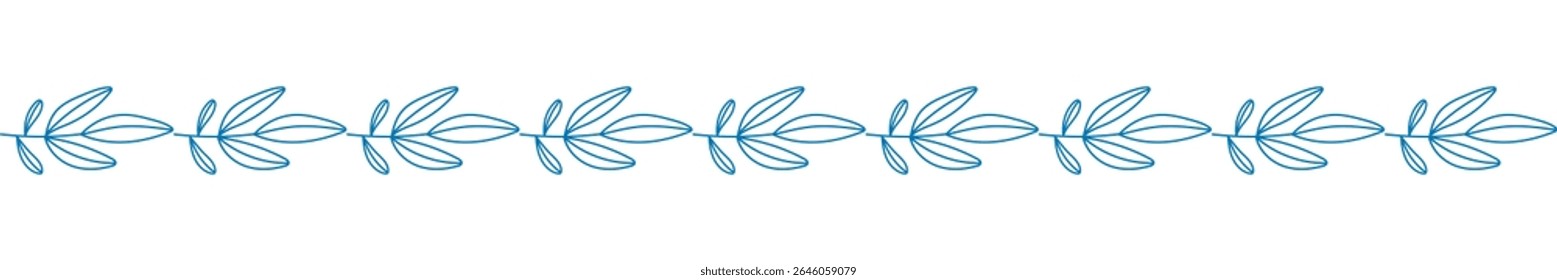 Blue leaf border line art vector illustration. Repeating simple outline design of elegant botanical foliage. Minimalist natural divider, decorative design element, organic frame ornament